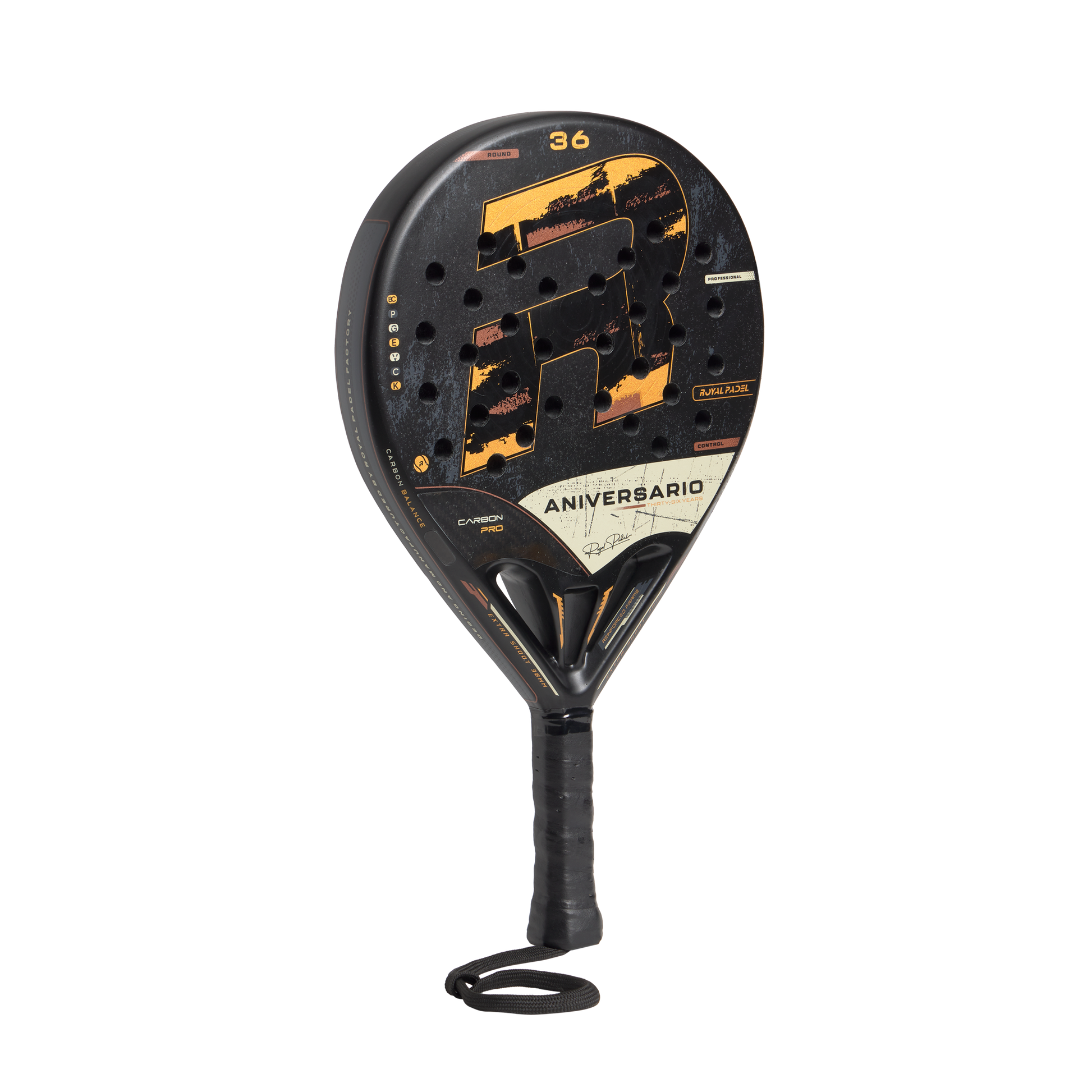 Royal Padel 36 Aniversario Poly 2026 Padel Schläger Carbon Control schwarz gold Seitenansicht