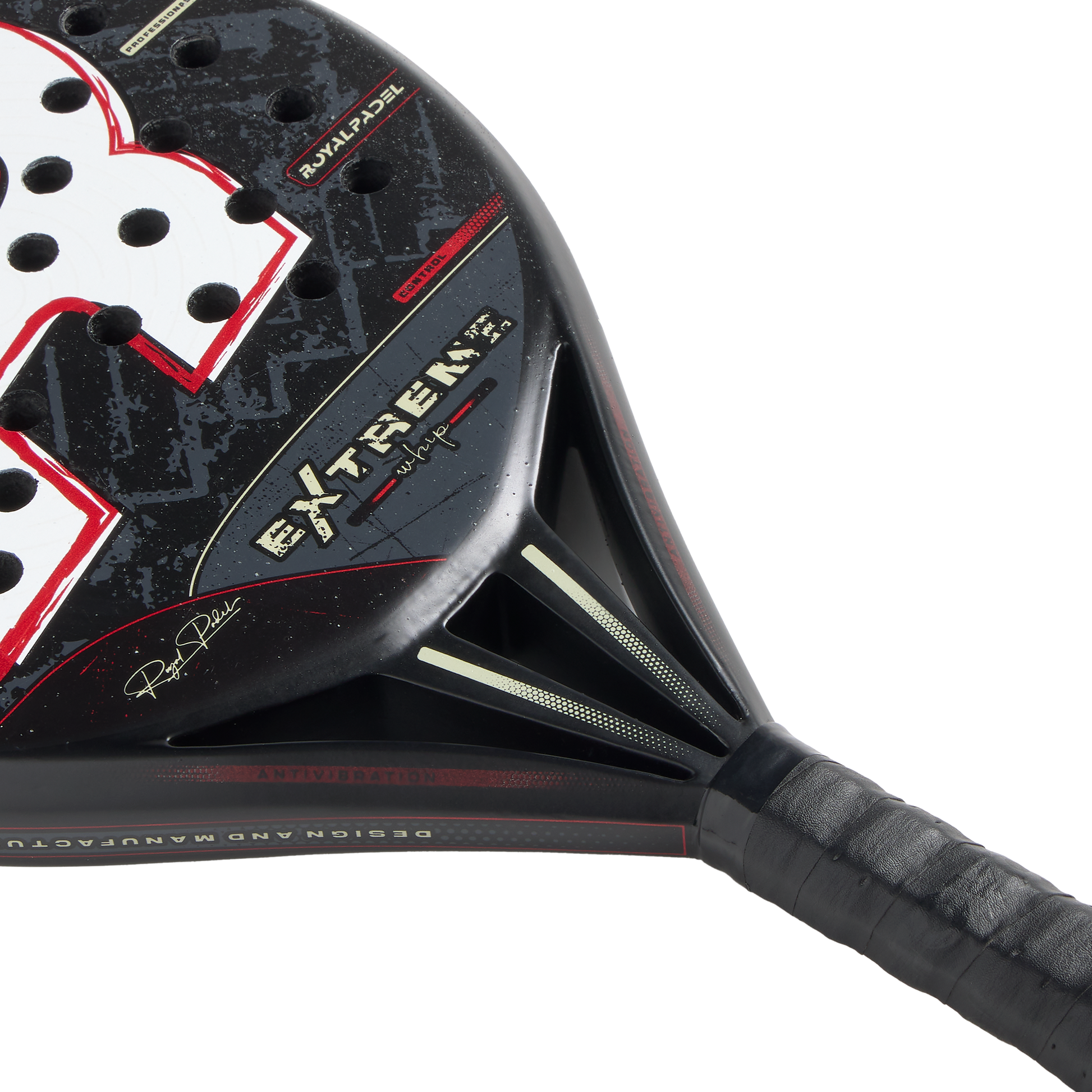 Royal Padel Whip Extreme 2026 Padel Schläger Carbon Oberfläche Detail schwarz rot
